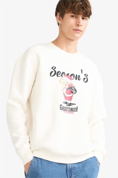 Boxy Fıt Bisiklet Yaka Baskılı Sweatshirt