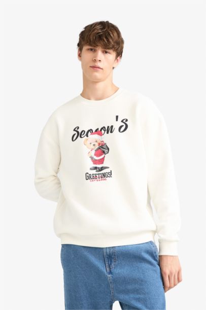 Boxy Fıt Bisiklet Yaka Baskılı Sweatshirt