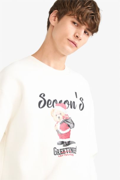 Boxy Fıt Bisiklet Yaka Baskılı Sweatshirt