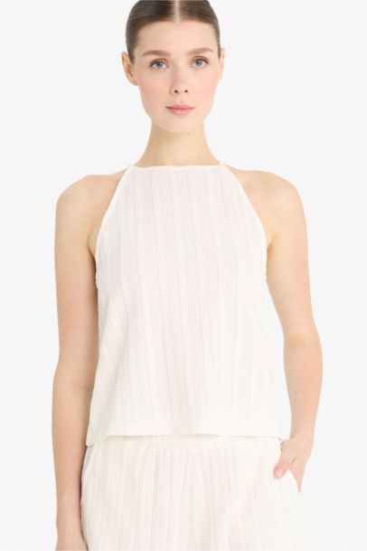 Regular Fit Crew Neck Crepe Blouse