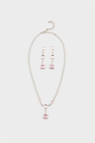 DCEY x DeFacto Kadın Pembe Taşlı Kolye Küpe Seti
