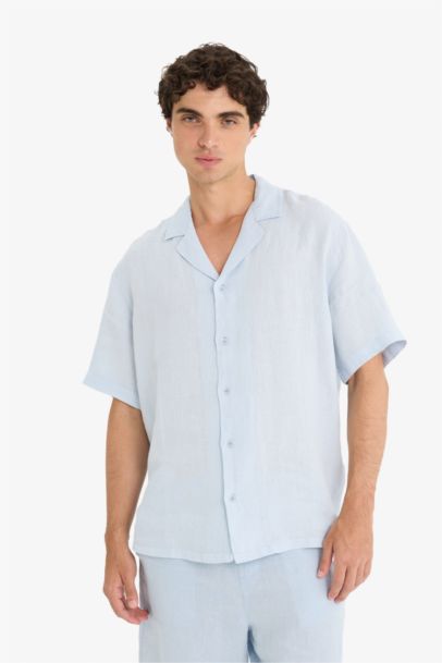 Linen Relax Fit Open Neck Short Sleeve Shirt