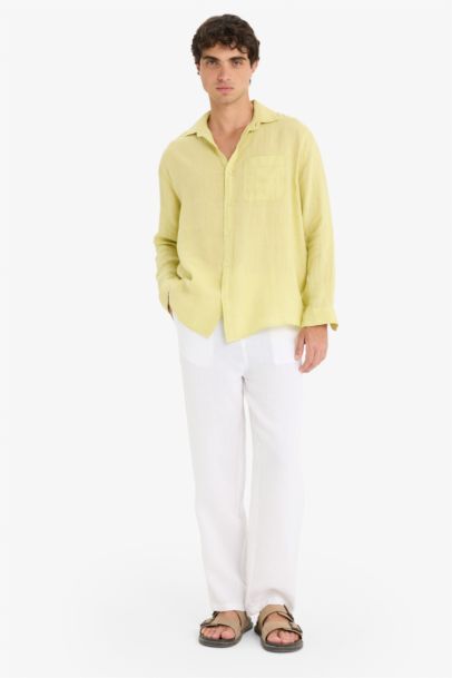 %100 Keten Relax Fit Uzun Kollu Gömlek