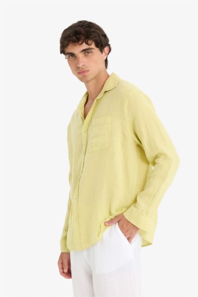 %100 Keten Relax Fit Uzun Kollu Gömlek