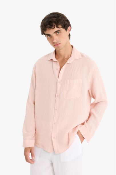 %100 Keten Relax Fit Uzun Kollu Gömlek