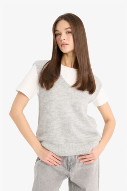 Regular Fit V Neck Basic Knit Vest