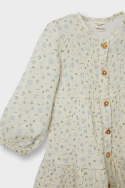 فستان فلورال مجعد قصة عادية بياقة مستديرة