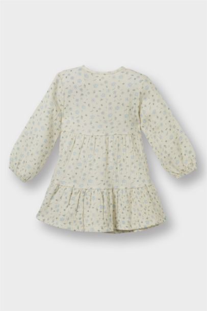 فستان فلورال مجعد قصة عادية بياقة مستديرة