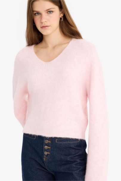 V-Neck Soft Textured Seamless Knit Pullover