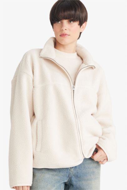 جاكيت ناعم بشكل جيد قصة مريحة بياقة عالية بساق بسحاب