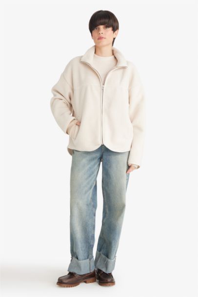 جاكيت ناعم بشكل جيد قصة مريحة بياقة عالية بساق بسحاب