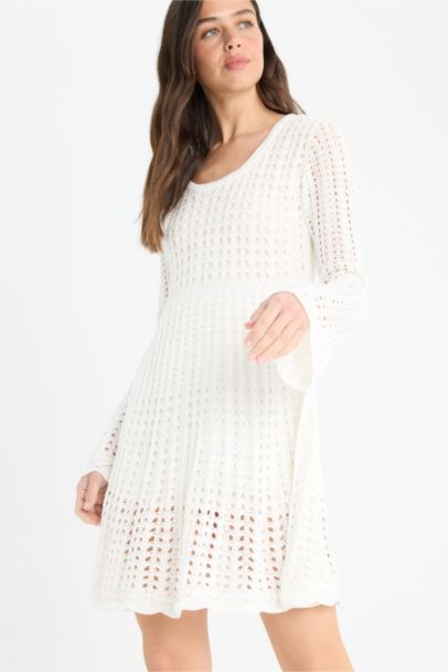 A Cut Openwork Long Sleeve Knitwear Dress