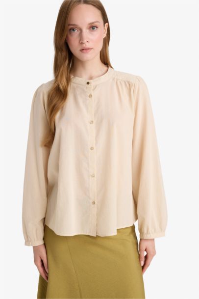 Relax Fit Round Collar Voile Long Sleeve Shirt