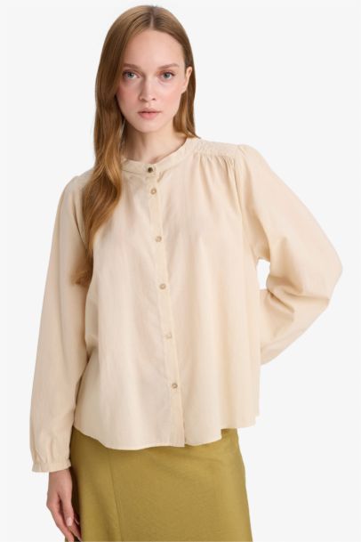 Relax Fit Round Collar Voile Long Sleeve Shirt