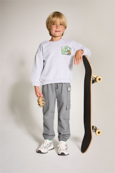 Bisiklet Yaka Dinozor Baskılı İçi Yumuşak Tüylü Sweatshirt Erkek Bebek