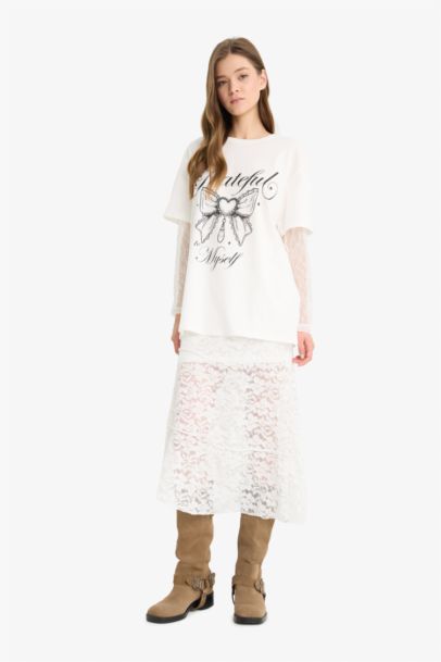 Oversize Fit Printed Long Sleeve White T-Shirt