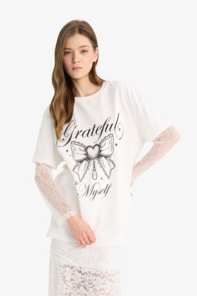 Oversize Fit Printed Long Sleeve White T-Shirt
