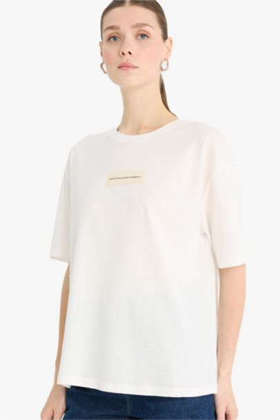 Relax Fit Crew Neck Applique Printed Cotton T-Shirt