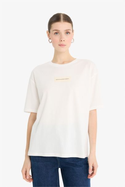 Relax Fit Crew Neck Applique Printed Cotton T-Shirt