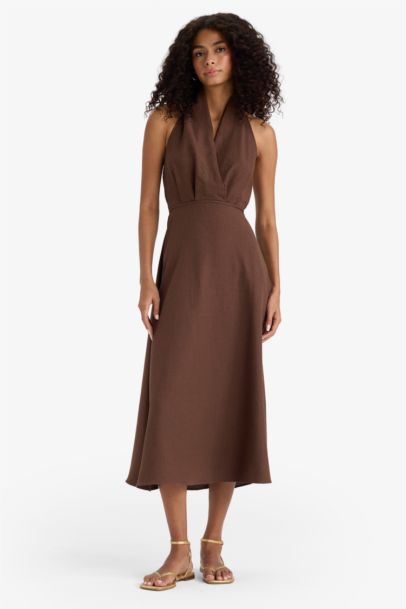 Flare Fit Linen Blend Halter Midi Dress