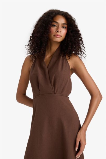 Flare Fit Linen Blend Halter Midi Dress
