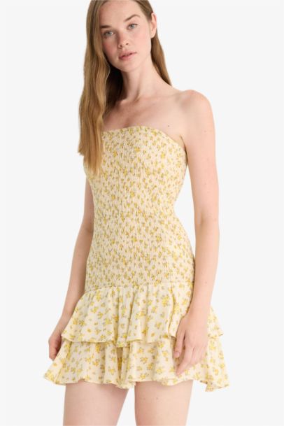 Straplez Çiçek Desenli Mini Elbise