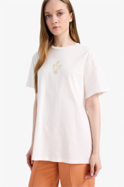 Regular Fit Crew Neck Floral Short Sleeve Tunic