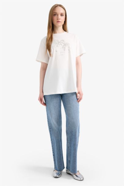 Regular Fit Crew Neck Floral Short Sleeve Tunic