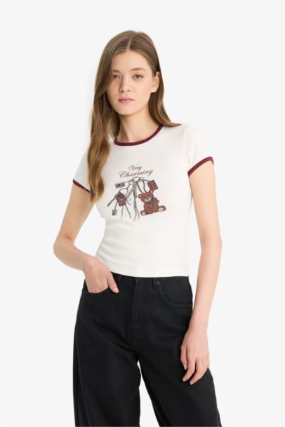 Fitted Bisiklet Yaka Baskılı Ribana Kısa Kollu Tişört