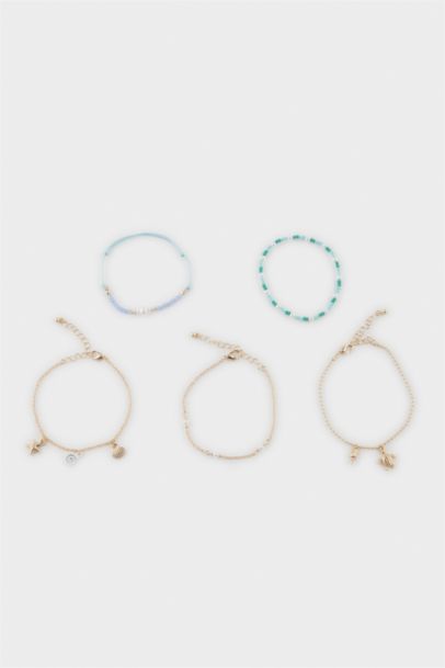 Woman 5 Piece Blue Beaded Gold Bracelet