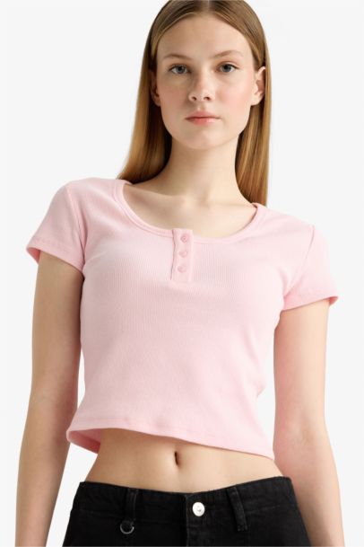 Fitted Yuvarlak Yaka Crop Fitilli Kaşkorse Kısa Kollu Tişört