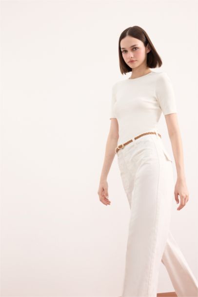 Fitted Bisiklet Yaka Basic Düz Ribana Kısa Kollu Beyaz Tişört