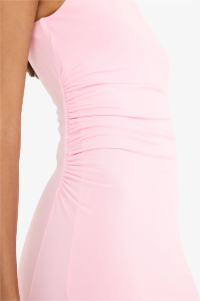 Bodycon Vücudu Saran Kayık Yaka Kısa Kollu Maxi Yazlık Elbise