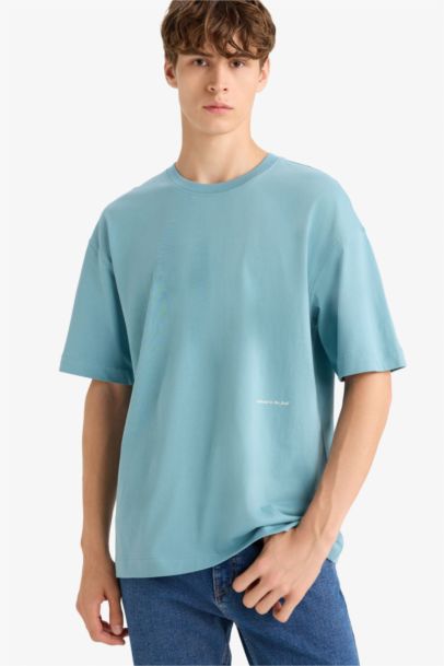 Boxy Fıt Bisiklet Yaka Baskılı Kısa Kollu Tişört