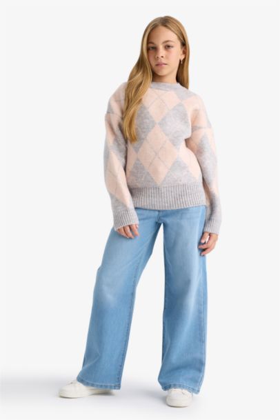 Girl Oversize Fit Printed Crew Neck Knitted Pullover