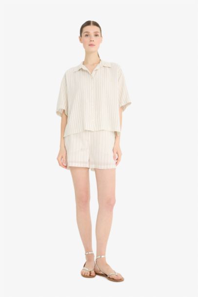 Loose Fit Linen Blend Short Sleeve Striped Shirt