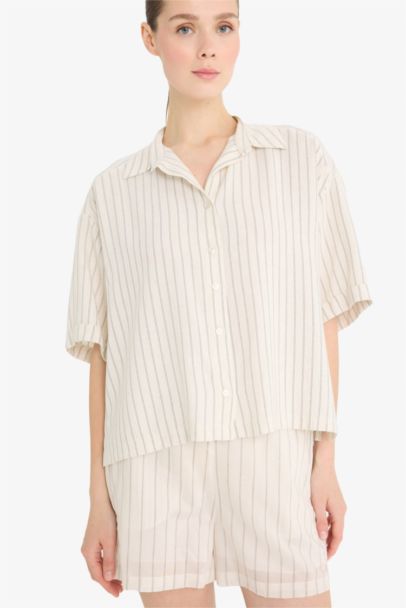 Loose Fit Linen Blend Short Sleeve Striped Shirt