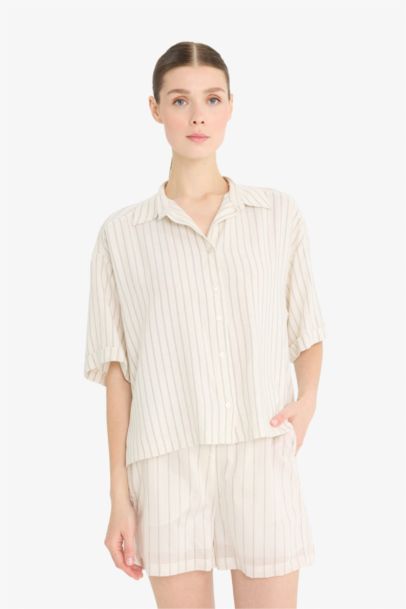 Loose Fit Linen Blend Short Sleeve Striped Shirt