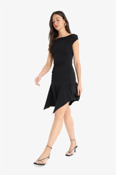 Off Shoulder Short Sleeve Mini Black Dress