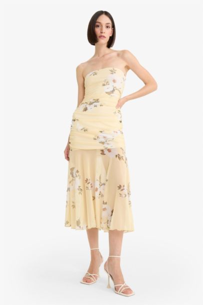 Bodycon Strapless Floral Tulle Maxi Dress
