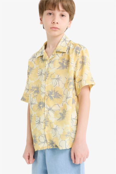 Oversize Geniş Kalıp Polo Yaka Desenli Viskon Kısa Kollu Gömlek Erkek Çocuk