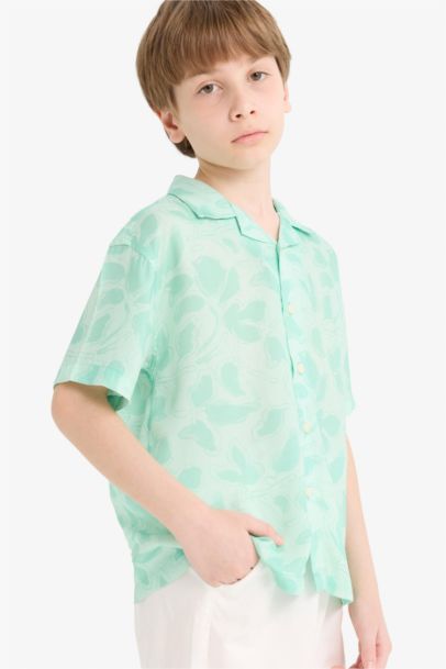 Oversize Geniş Kalıp Polo Yaka Desenli Viskon Kısa Kollu Gömlek Erkek Çocuk