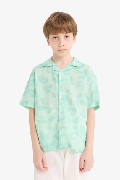 Oversize Geniş Kalıp Polo Yaka Desenli Viskon Kısa Kollu Gömlek Erkek Çocuk