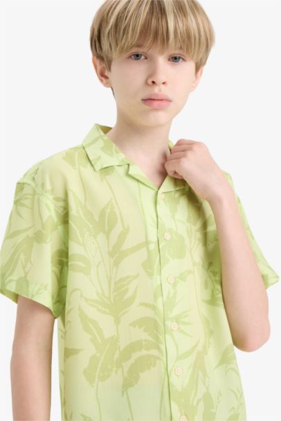 Oversize Geniş Kalıp Polo Yaka Desenli Viskon Kısa Kollu Gömlek Erkek Çocuk