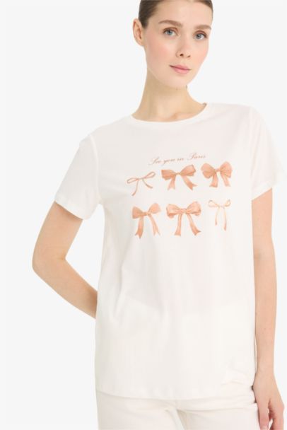 تيشيرت نص كم من قطن مطبوع برقبة مستديرة