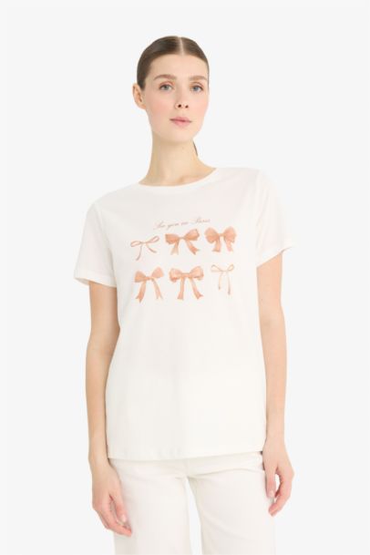 تيشيرت نص كم من قطن مطبوع برقبة مستديرة