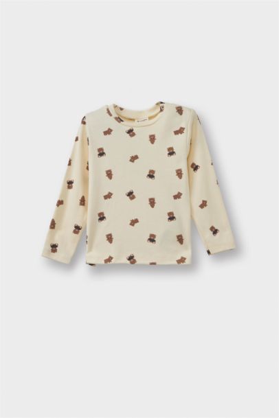 طقم اولادي تيشيرت بطبعة دب وسالويت مخمل قصة عادية - قطعتين