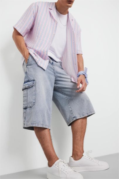 %100 Pamuk Beli Lastikli Rahat Jean Uzun Bermuda Şort