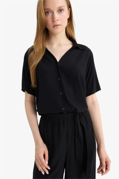 Regular Fit Crinkle Viscose Black Shirt