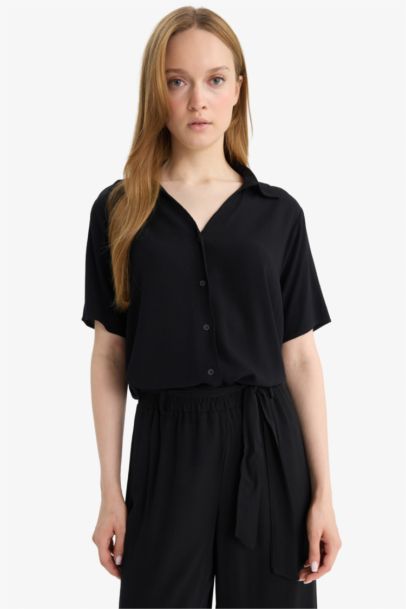 Regular Fit Crinkle Viscose Black Shirt